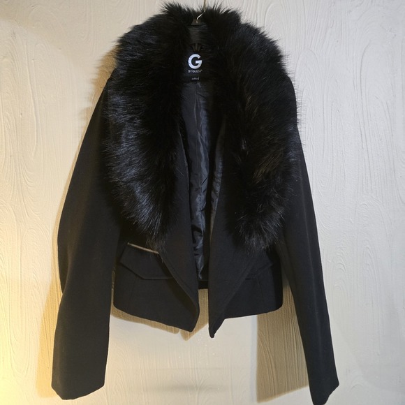 Guess Wool Blend Coat Faux Fur Collar Black Womens LG Blazer Style Cropped - Picture 2 of 7